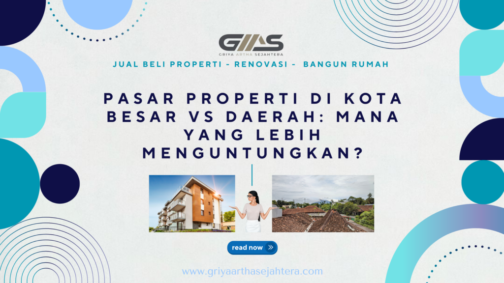 Pasar Properti - Gambar ilustrasi gedung-gedung tinggi dan apartemen di kota besar. Properti di Daerah Foto pemandangan rumah-rumah di daerah dengan latar belakang alam yang hijau dan tenang.